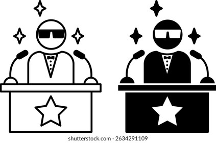 Ícones de celebridades. Ilustração de vetor em preto e branco. Homem Famoso Com Óculos Atrás Do Pódio Dando Discurso Ao Público. Conceito de Influenciador