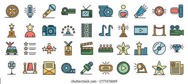 Celebrity icons set. Outline set of celebrity vector icons thin line color flat on white