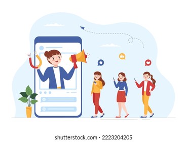 Influencia de celebridades con publicaciones en Internet para marketing publicitario, vida diaria o respaldo en caricaturas planas plantillas dibujadas Ilustración