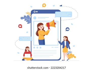 Influencia de celebridades con publicaciones en Internet para marketing publicitario, vida diaria o respaldo en caricaturas planas plantillas dibujadas Ilustración
