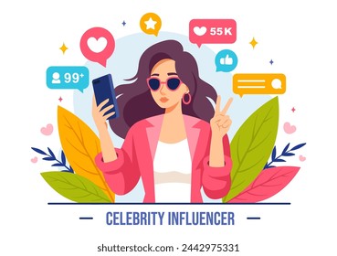 Ilustración del vector de los influencers de la celebridad con las publicaciones en Internet para el marketing de la publicidad, la vida diaria o avalar en fondo plano de la historieta