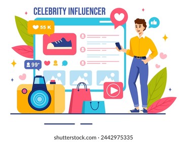 Ilustración del vector de los influencers de la celebridad con las publicaciones en Internet para el marketing de la publicidad, la vida diaria o avalar en fondo plano de la historieta