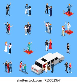 Celebrity isometric set with famous persons near limousine microphone on red carpet with admirers isolated vector illustration  