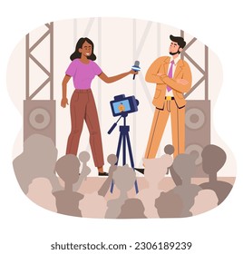 Celebrity with journalist. Woman interviewing man in suit Popular personality answers questions. TV show, news and reportage, public speaking. Cartoon flat vector illustration