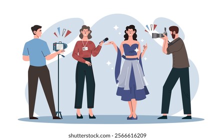 Celebrity and journalists. Women stand near men with microphones and camera. Journalists interview popular personalities. Reporters talking with actresses. Flat vector illustration