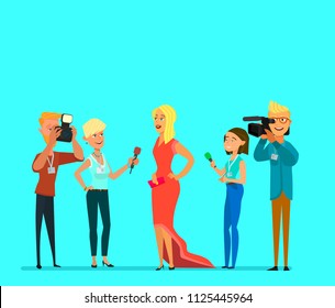 Celebrity and journalists. Young female elegant star, famous well-known person, newspaper or magazine men photographing her, mass media gathering hot news. Vector illustration in cartoon style.