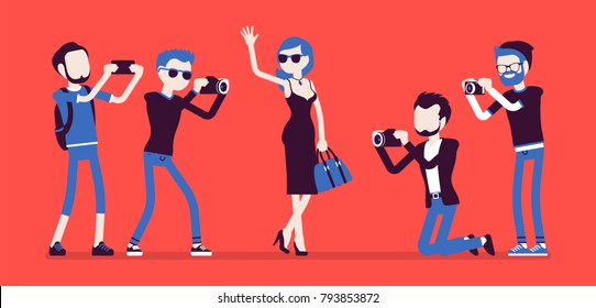 Celebrity and journalists. Young female elegant star, famous well-known person, newspaper or magazine men photographing her, mass media gathering hot news. Vector illustration with faceless characters