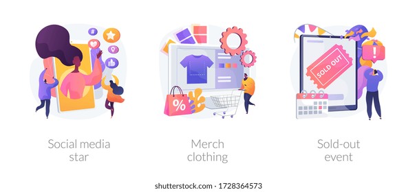 Celebrity media engagement abstract concept vector illustration set. Social media star, merch clothing, sold-out event, account monetization, branded design, show overbooking abstract metaphor.