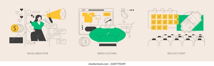 Celebrity media engagement abstract concept vector illustration set. Social media star, merch clothing, sold-out event, account monetization, branded design, show overbooking abstract metaphor.