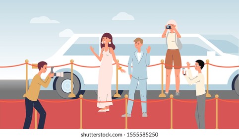 Celebrity people at red carpet event - flat cartoon banner of rich man and woman standing by limousine posing for paparazzi. Vector illustration.