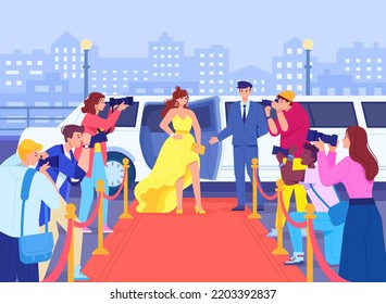 Celebrity Photographer. Famous Hollywood Actress On Red Carpet In Camera Paparazzi, American Movie Star At Limousine Car, Fashion Lifestyle Oscar Event, Vector Illustration Of Celebrity Posing Famous