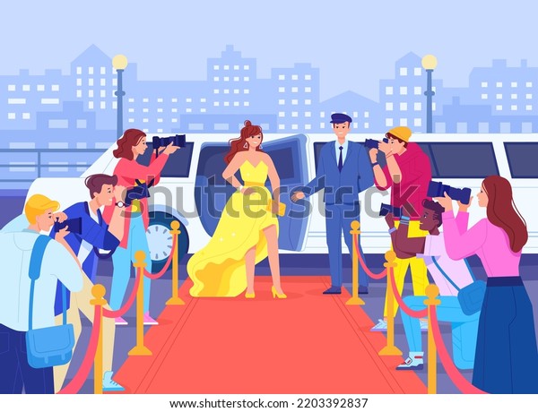 Celebrity photographer. Famous hollywood actress\
on red carpet in camera paparazzi, american movie star at limousine\
car, fashion lifestyle oscar event, vector illustration of\
celebrity posing\
famous