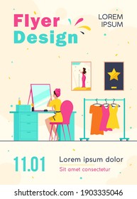 Celebrity preparing for show in makeup room. Woman at mirror, dresses on hangers flat vector illustration. Show business, beauty care concept for banner, website design or landing web page