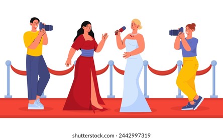 Celebridad en la alfombra roja. Mujeres en vestido rojo y blanco cerca de paparazzi. Gente famosa. Estrellas de cine, músicos y artistas con medios. Ilustración plana del vector de la historieta aislada sobre fondo blanco