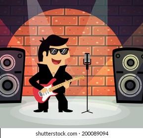 Celebrity rock star on stage with guitar and microphone vector illustration