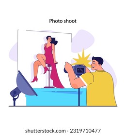 Celebrity routine. Movie or music star, famous person photoshoot. Photographer taking pictures of well-known female artist. Flat vector illustration