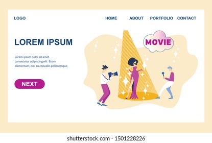 Celebrity Stand in Lighting Beam Posing to Paparazzi and Fan Photographing on Camera, Journalist Taking Interview. Movie Festival for Famous People. Cartoon Flat Vector Illustration, Horizontal Banner