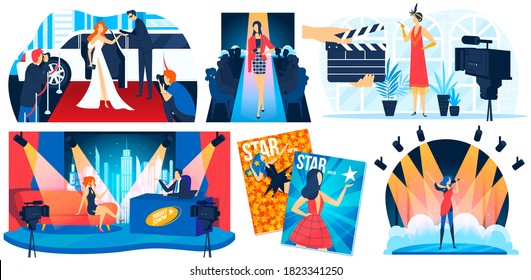 Celebrity star people on red carpet ector illustration set. Cartoon flat man woman celebrity superstar, beautiful fashion model or rich characters posing for paparazzi photographers isolated on white