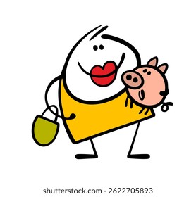 Celebrity, a star shows off his pet. Vector illustration of a female actress and a mini pig in her arms. A shopping trip with a bag and an animal.