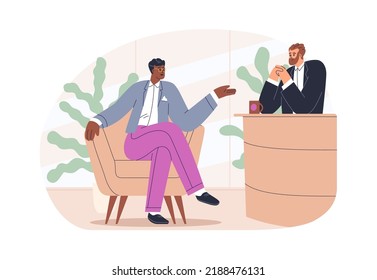 Celebrity Talking To Host At Late Night Show Interview. Conversation, Dialog With Star Guest, Black Man Sitting In Armchair In TV Studio. Flat Graphic Vector Illustration Isolated On White Background.