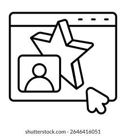 Celebrity user page thin line icon, neural dataset concept. Vector graphics. Artist website with star and mouse cursor sign on white background, style mobile or design