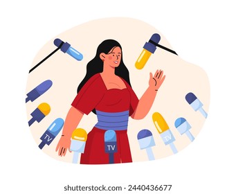 Celebrity woman concept. Young girl in red dress with microphones answer to journalists questions. Interview from famous person. Cartoon flat vector illustration isolated on white background