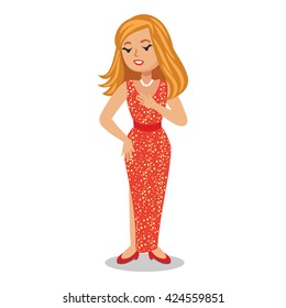 Celebrity woman on elegant red dress. Cute cartoon famous actress on red dress. Vector illustration Isolated On White Background
