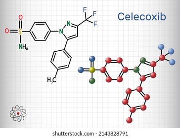 Celecoxib molecule. It is COX-2 inhibitor and nonsteroidal anti-inflammatory drug (NSAID. Structural chemical formula, molecule model. Sheet of paper in a cage. Vector illustration