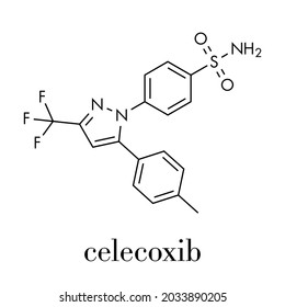 Celecoxib pain and inflammation drug (NSAID) molecule. Skeletal formula.