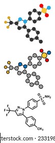 Celecoxib pain and inflammation drug (NSAID) molecule. Conventional skeletal formula and stylized representations. 
