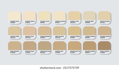 Paleta de colores celíacos, Paleta de guía de colores celíacos con nombres de colores. Catálogo Muestras de crema con códigos RGB HEX. plástico, pintura, variaciones de crema natural, moda Trend Apio Root tonos de colores