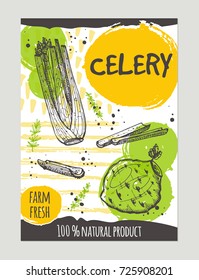 Celery brochure concept design. Retro background. Hand drawn vector illustration. Can be used for street festival, farmers market, country fair, shop, menu, cafe, restaurant, poster, banner.