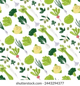 Celery and cauliflower seamless pattern design. Broccoli and many vegetables background isolated on white. Diagonal wrapping paper print design. Cabbage family hand drawn flat vector illustration