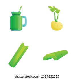 Iconos de bebidas de apio configuran el vector de dibujos animados. Raíz redonda de tallo en rodajas y smoothie verde. Estilo de vida saludable