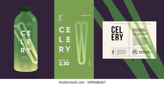 Celery.  Ilustración vectorial plana. Etiqueta de precio, etiqueta, embalaje y cartel de producto. Plantilla de diseño de etiquetas en una botella. Etiqueta minimalista y moderna.