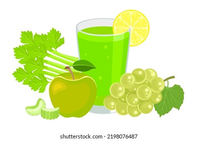 Celery, grape, apple, lemon juice in glass. Healthy organic fresh drink ingredients. Vegetable superfood detox smoothie. Natural vitamins. Vector flat, isolated illustration. 