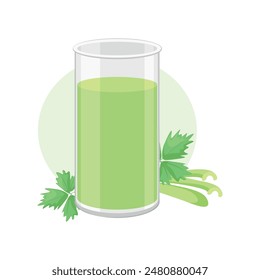 Celery juice in a glass. Healthy drink. Vitamin. Beverage. Icon. White background. Flat art. Transparent container.  Green illustration. Card.