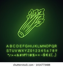 Celery neon light icon. Leaves. Agriculture plant. Healthy nutrition. Greenery. Vitamin. Vegan nutrition. Vegetable farm. Glowing sign with alphabet, numbers and symbols. Vector isolated illustration