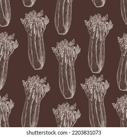 Celery plant seamless pattern. Hand drawn background. Vector illustration. Hand drawing sketch illustration. Celery plant vegetable hand drawn backdrop.
