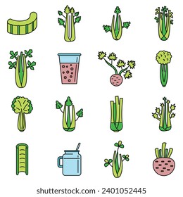 Celery salad icons set. Outline set of celery salad vector icons thin line color flat on white