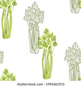  Celery. Seamless vector pattern on white. Food background.
