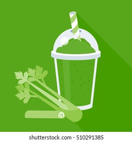 Celery smoothie or juice in plastic glass, flat design vector