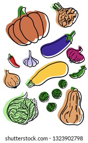 Celery, squash, sprouts, eggplant, garlic, onions. Set of hand drawn colored vegetables. Isolated on white background and grouped for easy selection. Design elements, stickers or poster.