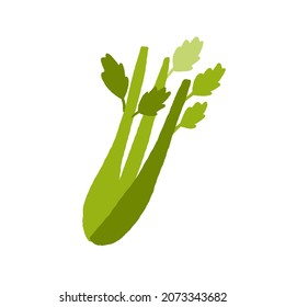 Celery stalks and leaf. Bunch of stems of fresh green leafy vegetable. Healthy natural raw food. Vitamin crunchy veggie icon. Flat vector illustration isolated on white background.