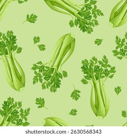 Celery stems on green background. Vector cartoon flat illustration. Healthy food seamless pattern.