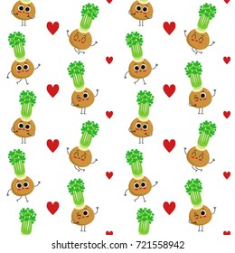 Celery, vector seamless pattern with cute vegetable characters isolated on white with hearts
