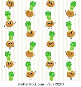 Celery, vector seamless pattern with cute vegetable characters on stripy background
