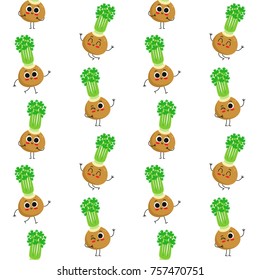 Celery, vector seamless pattern with cute cartoon vegetable characters isolated on white