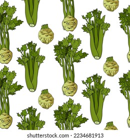 Celery vector seamless pattern. Detailed vegetarian food drawing. Farm market product