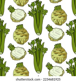 Celery vector seamless pattern. Detailed vegetarian food drawing. Farm market product